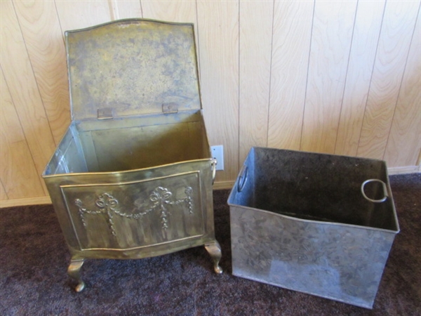 VERY LARGE BRASS TRAY, BRASS KINDLING/COAL HOLDER, SPITTOON & SMALL GOLD TONE SHELF