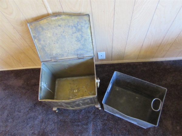 VERY LARGE BRASS TRAY, BRASS KINDLING/COAL HOLDER, SPITTOON & SMALL GOLD TONE SHELF