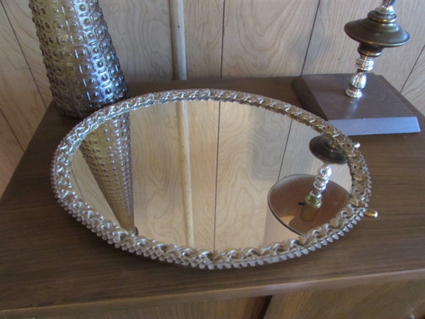 VINTAGE NIGHTSTAND, TABLE LAMP, BOTTLES & MIRRORED VANITY TRAY *LOCATED OFF SITE #3*