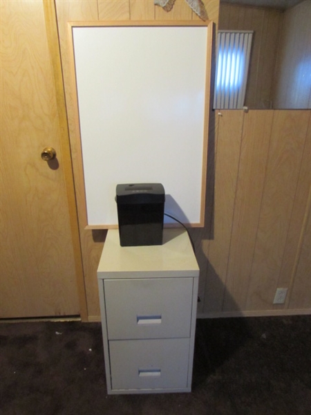 2-DRAWER FILING CABINET, MINI PAPER SHREDDER & WHITE BOARD *LOCATED OFF SITE #3*