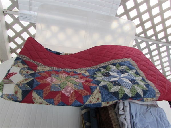 QUEEN-SIZE BEDSPREAD, FLAT SHEET, PILLOWCASES, ELECTRIC BLANKET, VINTAGE QUILT IN STORAGE CONTAINER