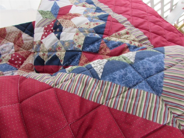 QUEEN-SIZE BEDSPREAD, FLAT SHEET, PILLOWCASES, ELECTRIC BLANKET, VINTAGE QUILT IN STORAGE CONTAINER