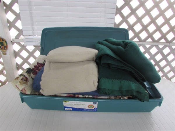QUEEN BEDSPREAD, ELECTRIC BLANKET & MORE IN STORAGE TOTE