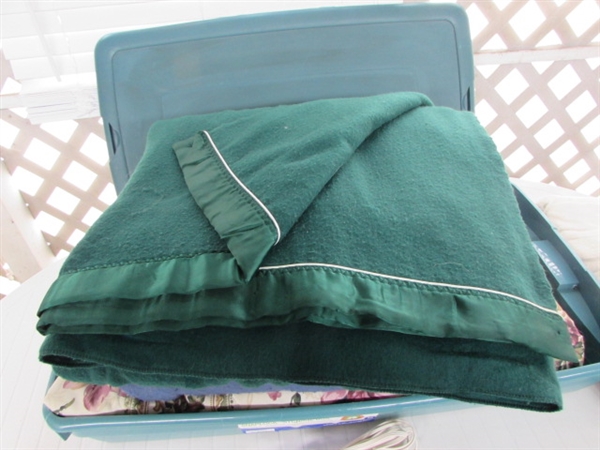 QUEEN BEDSPREAD, ELECTRIC BLANKET & MORE IN STORAGE TOTE