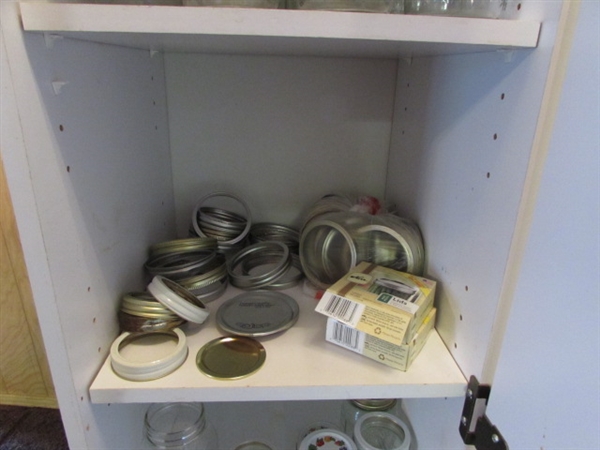 SMALL WOODEN CABINET FULL OF CANNING JARS, RINGS & SEALS *LOCATED OFF SITE #3*