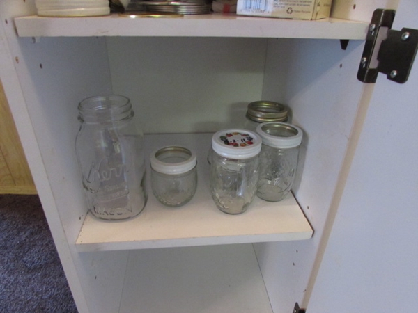 SMALL WOODEN CABINET FULL OF CANNING JARS, RINGS & SEALS *LOCATED OFF SITE #3*