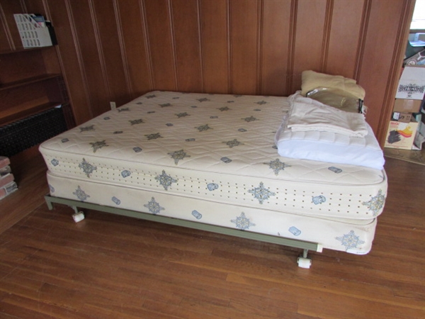 VINTAGE QUEEN MATTRESS, BOXSPRING & BED RAILS *LOCATED OFF SITE #2*