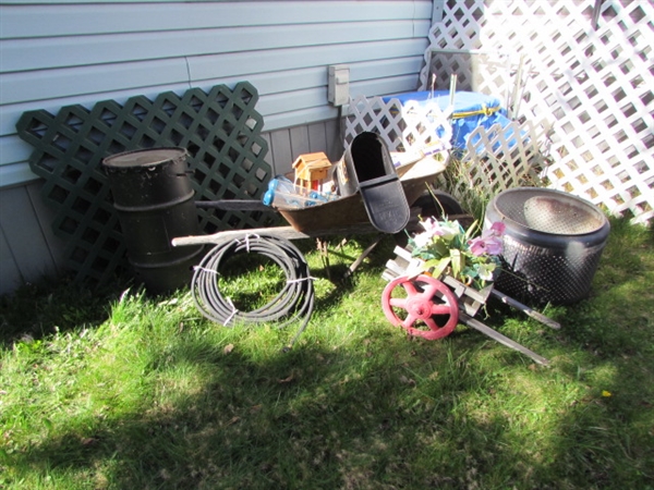 WHEELBARROWS, SMOKER, PLANTER, PLANT STAKES, MAIL BOX & MORE *LOCATED OFF SITE #3*