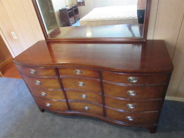 ANTIQUE MAHOGANY 12 DRAWER SERPENTINE DRESSER WITH ATTACHED MIRROR *LOCATED OFF-SITE #2*