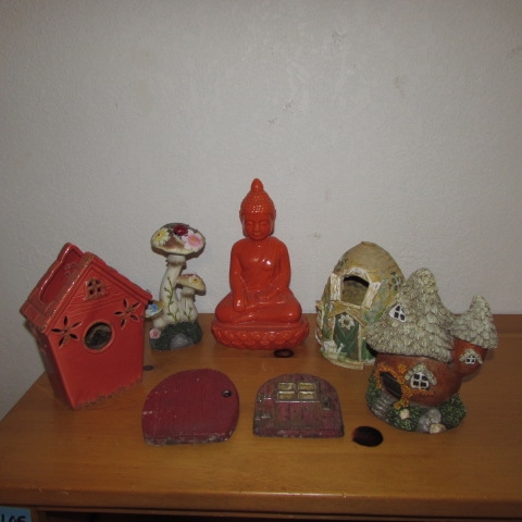 A BUDDHA, BIRDHOUSE, FAIRY DOORS & MORE