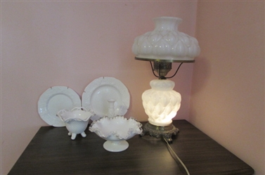 WHITE MILK GLASS ELECTRIC HURRICANE LAMP, 2 PLATES AND A VASE