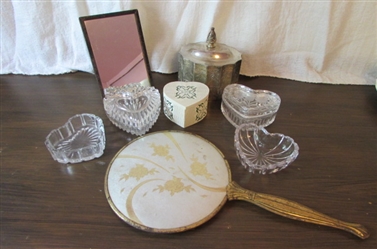VINTAGE MIRRORS, SILVERPLATE & GLASS TRINKET BOXES