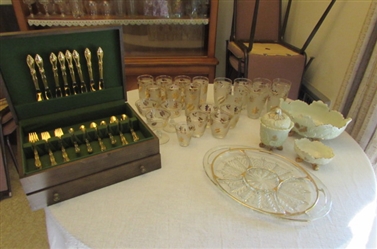 NORTHWOOD LOUIS XVI CUSTARD PIECES, GOLD ROGERS FLATWARE AND MORE