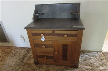 VINTAGE WOOD AND MARBLE WASH BASIN STAND