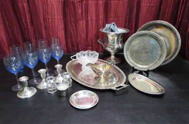 SILVERPLATE TRAYS, ICE BUCKET, CANDLE HOLDERS AND MORE