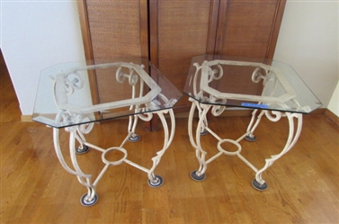 PAIR OF WROUGHT IRON SIDE TABLES WITH BEVELED GLASS TOPS