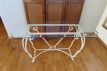 WROUGHT IRON FOYER TABLE WITH BEVELED GLASS TOP