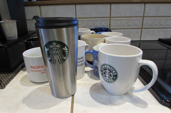 KEURIG COFFEE MAKER, CARAFE, POD STAND & COFFEE CUPS