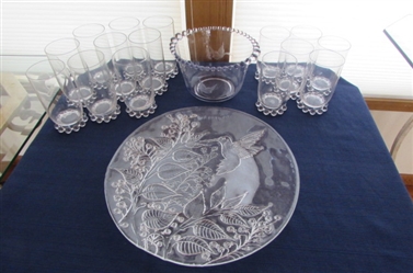 ETCHED GLASS BOWL AND GLASSES