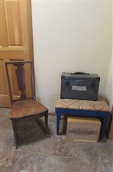 VINTAGE BENCH, METAL CASE, WOOD BOX AND ROCKING CHAIR