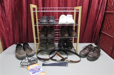 MENS DRESS AND CASUAL SHOES, BELTS & 4 TIER SHOE RACK