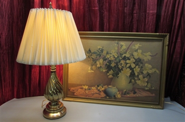 BRASS REMBRANDT TABLE LAMP & VINTAGE FRAMED FLORAL PRINT