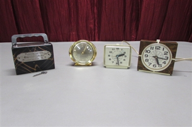 ALARM CLOCKS & SMALL METAL BANK WITH KEY