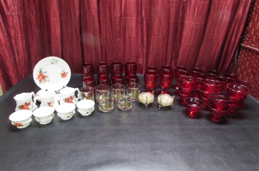 VINTAGE RUBY RED GLASSWARE, 22KT GOLD RIMMED OWL GLASSES & ROYAL ALBERT SET