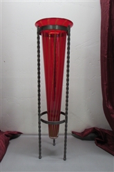 STUNNING TALL ART GLASS VASE IN METAL HOLDER