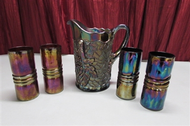 ANTIQUE DUGAN CARNIVAL GLASS PITCHER & 4 SIGNED ART GLASS TUMBLERS