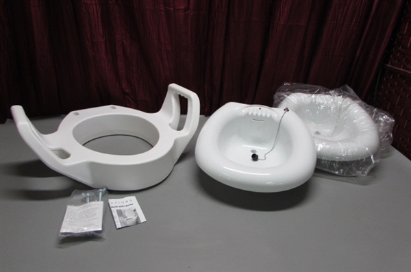 TOILET SEAT RISER & 2 PORTABLE BIDETS