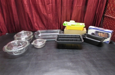 PYREX/ANCHOR HOCKING, MANDOLIN SLICER, BROWNIE PAN & MEATLOAF PAN