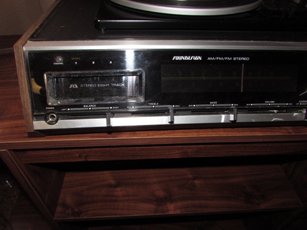 SOUNDESIGN AM/FM STEREO TURNTABLE w/8-TRACK PLAYER, RECORDS & 8-TRACK TAPES