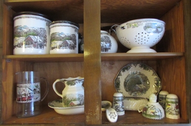 FRIENDLY VILLAGE COVERED BUTTER DISH, CANISTERS, PITCHER, TEAPOT & MORE