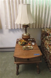 MAPLE SIDE TABLE WITH DRAWER, LAMP & ACCESSORIES
