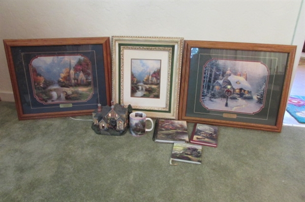 THOMAS KINKADE FRAMED ART, COFFEE CUP, BOOKS & 'SPRING GATE MANOR' HOUSE