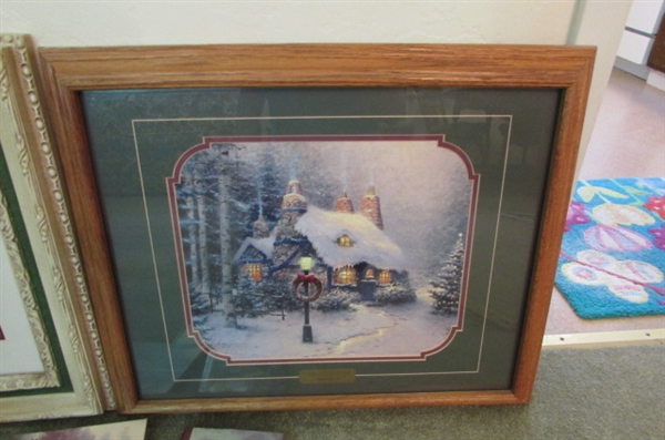 THOMAS KINKADE FRAMED ART, COFFEE CUP, BOOKS & 'SPRING GATE MANOR' HOUSE