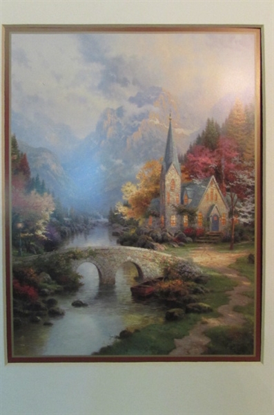 THOMAS KINKADE FRAMED ART, COFFEE CUP, BOOKS & 'SPRING GATE MANOR' HOUSE