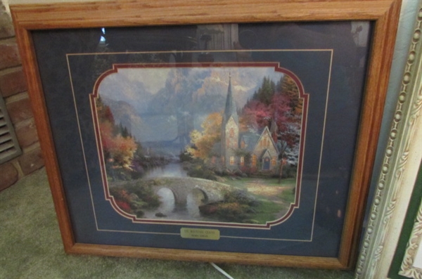 THOMAS KINKADE FRAMED ART, COFFEE CUP, BOOKS & 'SPRING GATE MANOR' HOUSE