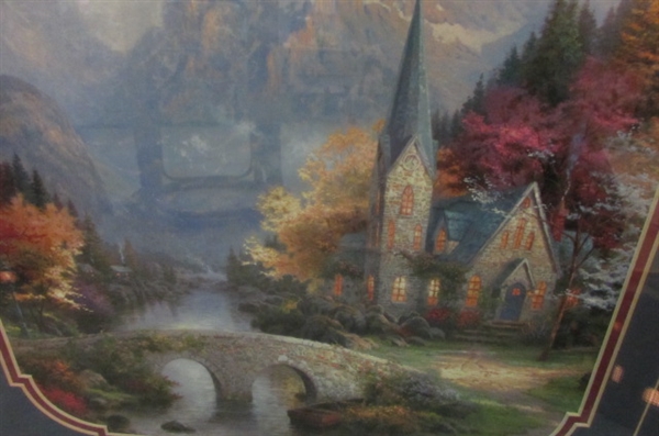THOMAS KINKADE FRAMED ART, COFFEE CUP, BOOKS & 'SPRING GATE MANOR' HOUSE