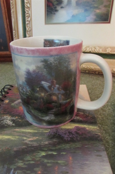 THOMAS KINKADE FRAMED ART, COFFEE CUP, BOOKS & 'SPRING GATE MANOR' HOUSE