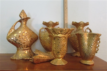 HAND DECORATED 22 KT GOLD PAINTED VASES, McCOY WALL VASE & DECANTER