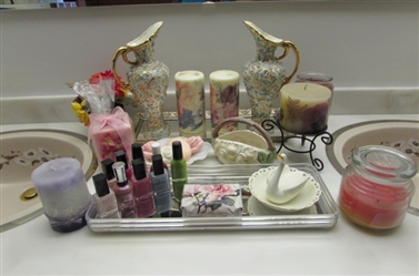 2 MIRRORED DRESSER TRAYS, VASES, CANDLES, NAIL POLISH, SOAPS & MORE