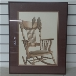 FRAMED 1984 RAY FOSTER DRAWING OF AN ANTIQUE CHAIR WITH BIRDS