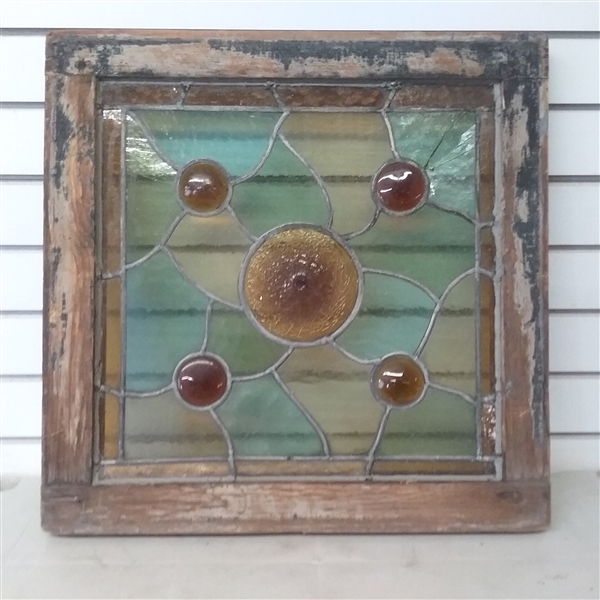 OLD VINTAGE WOOD FRAME STAINED GLASS WINDOW
