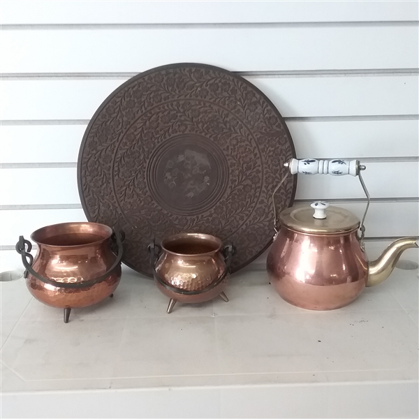 SMALL COPPER POTS,TEA POT AND LARGE WOOD TRIVET