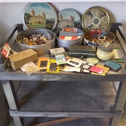 VINTAGE/ANTIQUE  TINS FULL OF BUTTONS, THREAD AND OTHER SEWING SUPPLIES 