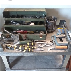 VINTAGE TOOL/FISHING TACKLE BOX WITH SMALL TOOLS