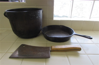 GRISWOLD CAST IRON FRYER, G.F. FILLEY FOOTED BEAN POT & HEAVY DUTY CLEAVER