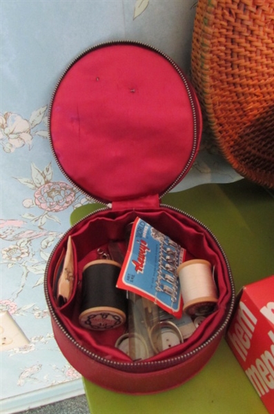 VINTAGE EXPANDING SEWING BOX, BASKET OF SEWING ITEMS & FOLDING TABLE